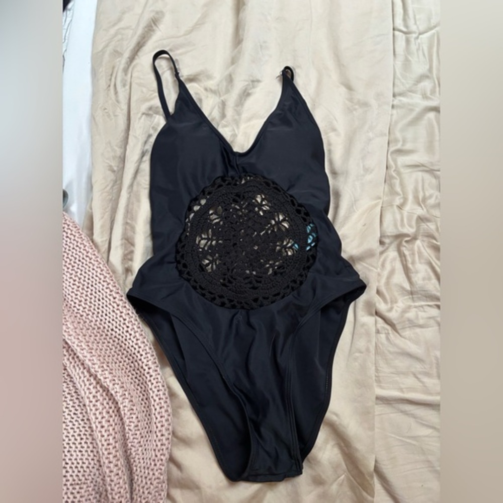 Black One-Piece Swimsuit with Crochet Detail